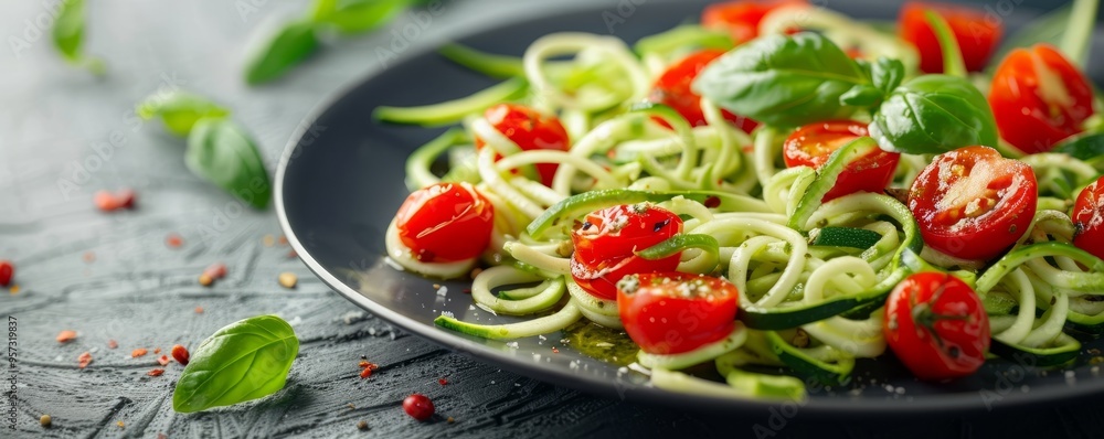 Zucchini noodles with pesto and cherry tomatoes, 4K hyperrealistic photo Zucchini noodles with pesto and cherry tomatoes, 4K hyperrealistic photo