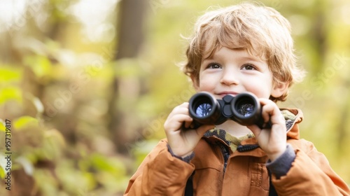 Curious Boy with Binoculars in Nature