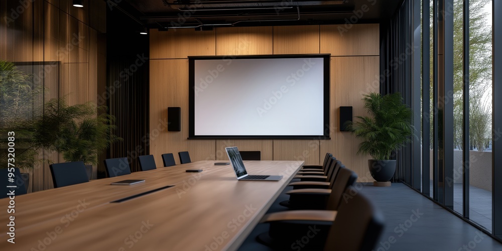 Modern Meeting Room or Board Room with Business Presentation Screen and Laptop Connection Modern Meeting Room or Board Room with Business Presentation Screen and Laptop Connection