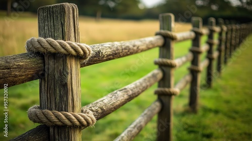 wooden fence with horizontal planks with green grass meadow