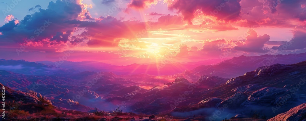 Peaceful hills under a vibrant sunset sky, 4K hyperrealistic photo Peaceful hills under a vibrant sunset sky, 4K hyperrealistic photo