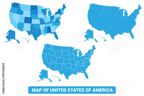 Vector Blue United States Of America political maps with borders regions simple flat illustration set 