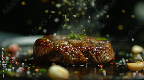 Sizzling steak seasoned with herbs and garlic on a dark surface.
