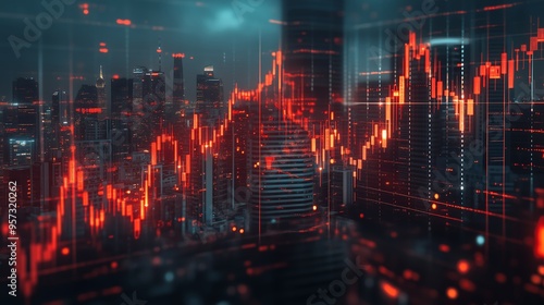 Wallpaper Mural Dynamic stock market chart with urban skyline at night showcasing fluctuating trends in financial data Torontodigital.ca