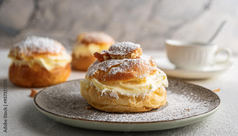 Swedish semla, bun with whipped cream on a plate. Tasty dessert. Delicious sweet food. Swedish semla, bun with whipped cream on a plate. Tasty dessert. Delicious sweet food.