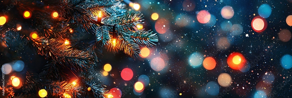 A close-up view of a Christmas tree branch adorned with festive lights, showcasing the intricate details of the green pine needles and colorful twinkling bulbs that evoke holiday cheer. A close-up view of a Christmas tree branch adorned with festive lights, showcasing the intricate details of the green pine needles and colorful twinkling bulbs that evoke holiday cheer.