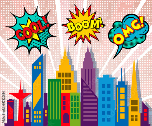 Colorful cartoon city skyline exploding with the words hug and boom in classic comic book style