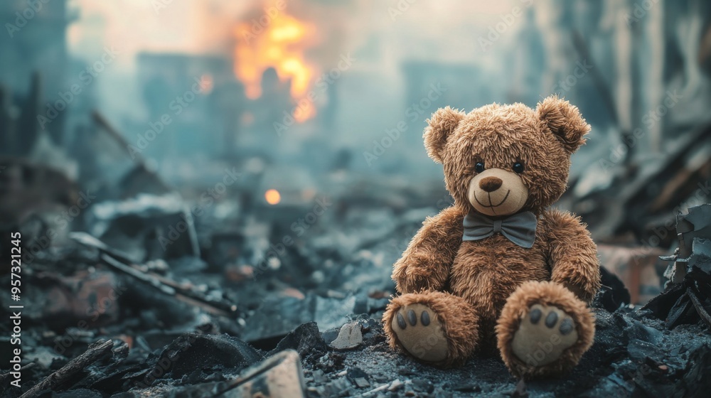 Abandoned Teddy Bear in a Ruined Landscape Abandoned Teddy Bear in a Ruined Landscape