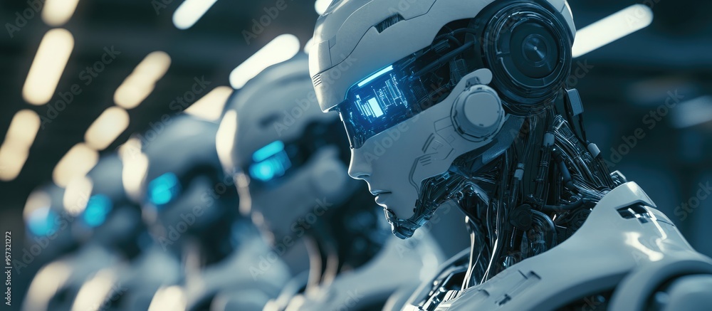 Fototapeta premium 3D illustration featuring a group of cyborgs showcasing artificial intelligence advanced robotics and futuristic technology