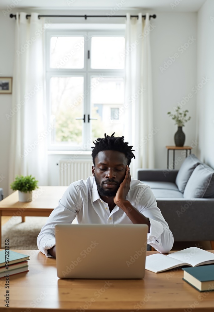 Focused young man working on a laptop at home, sitting in a bright, modern living room, deep in thought.
Focused young man working on a laptop at home, sitting in a bright, modern living room, deep in thought.