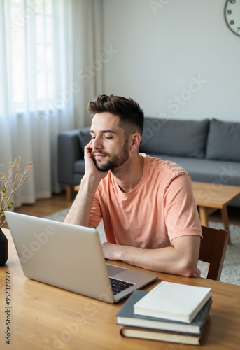 Tired young man studying or working on a laptop at home, feeling exhausted in a bright and simple living room. 