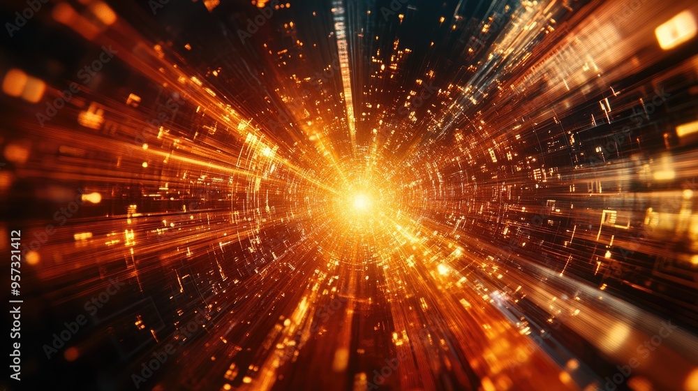 Naklejka premium 3D illustration featuring a light burst numerical elements and fractals exploring themes of digital technology and communication