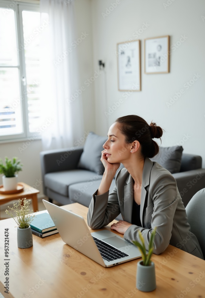 Thoughtful businesswoman sitting at a desk with a laptop in a modern, bright home office, reflecting on her work.
Thoughtful businesswoman sitting at a desk with a laptop in a modern, bright home office, reflecting on her work.