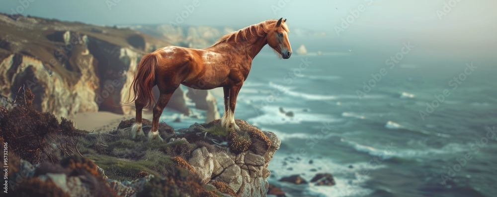 Powerful horse standing on rocky cliff overlooking ocean, 4K hyperrealistic photo Powerful horse standing on rocky cliff overlooking ocean, 4K hyperrealistic photo