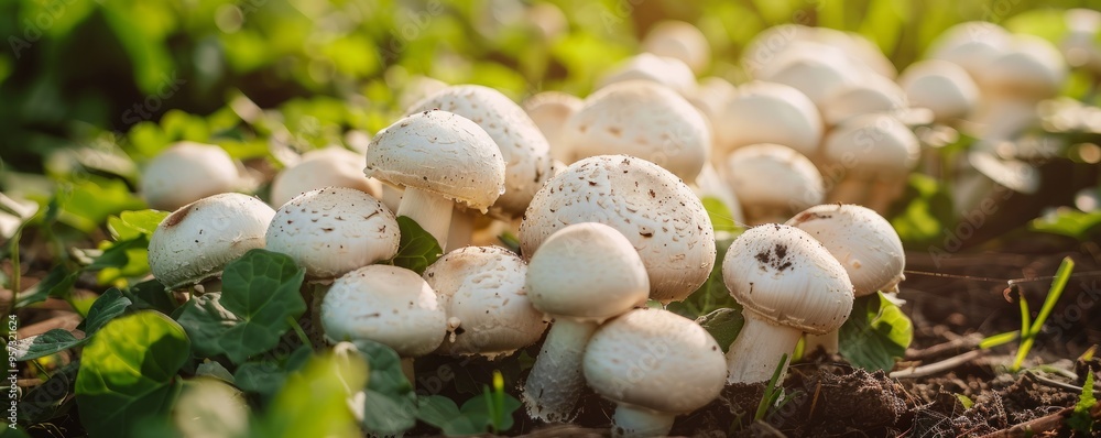 Pristine white button mushrooms in organic garden, 4K hyperrealistic photo Pristine white button mushrooms in organic garden, 4K hyperrealistic photo
