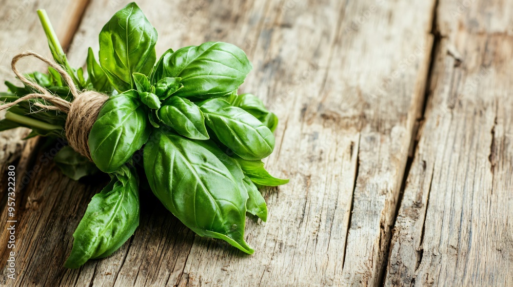 A bunch of fresh basil leaves tied with twine, resting on an old, weathered wooden table A bunch of fresh basil leaves tied with twine, resting on an old, weathered wooden table