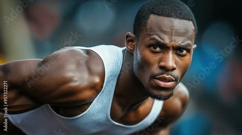 A profile shot of a 100m Olympics sprinter powering out of the starting blocks