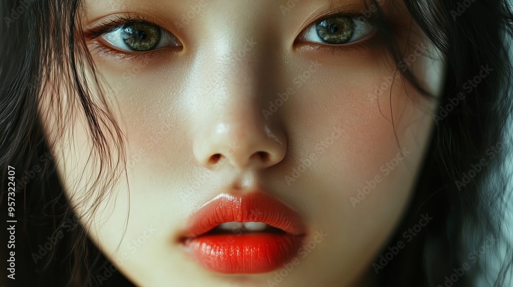 A close-up portrait of a young woman with striking green eyes and bold red lips against a softly blurred background in natural light A close-up portrait of a young woman with striking green eyes and bold red lips against a softly blurred background in natural light