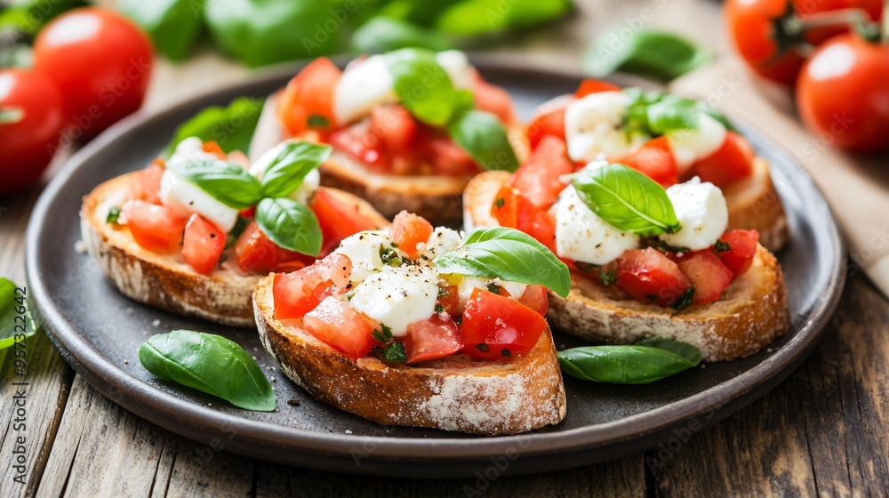 A delicate plate of bruschetta topped with fresh tomatoes, mozzarella, and basil, on a wooden table A delicate plate of bruschetta topped with fresh tomatoes, mozzarella, and basil, on a wooden table