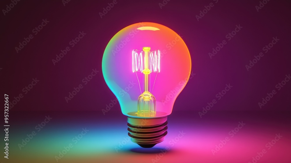 a colorful glowing idea bulb lamp, visualization of brainstorming and creative thinking a colorful glowing idea bulb lamp, visualization of brainstorming and creative thinking
