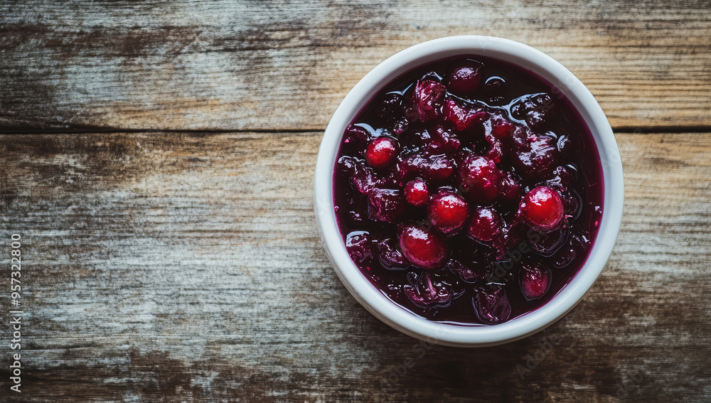 A white bowl of homemade cranberry sauce on a clean wooden table 