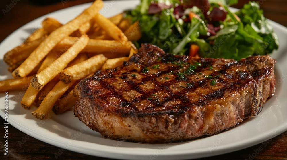 A perfectly cooked ribeye steak with a juicy, medium-rare center and a beautifully seared crust, presented on a white plate with a side of crispy fries and a fresh salad. A perfectly cooked ribeye steak with a juicy, medium-rare center and a beautifully seared crust, presented on a white plate with a side of crispy fries and a fresh salad.