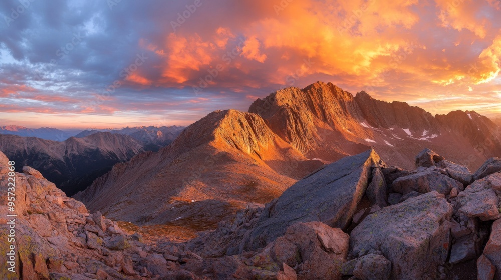 Naklejka premium A panoramic view of the sun rising above a rugged mountain peak, with vibrant orange and pink hues painting the sky and the rugged terrain bathed in the warm morning light.