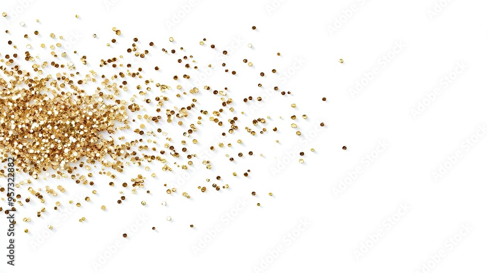 Luxurious golden glitter particles cascade elegantly on a pristine white background, embodying festive opulence in motion Luxurious golden glitter particles cascade elegantly on a pristine white background, embodying festive opulence in motion