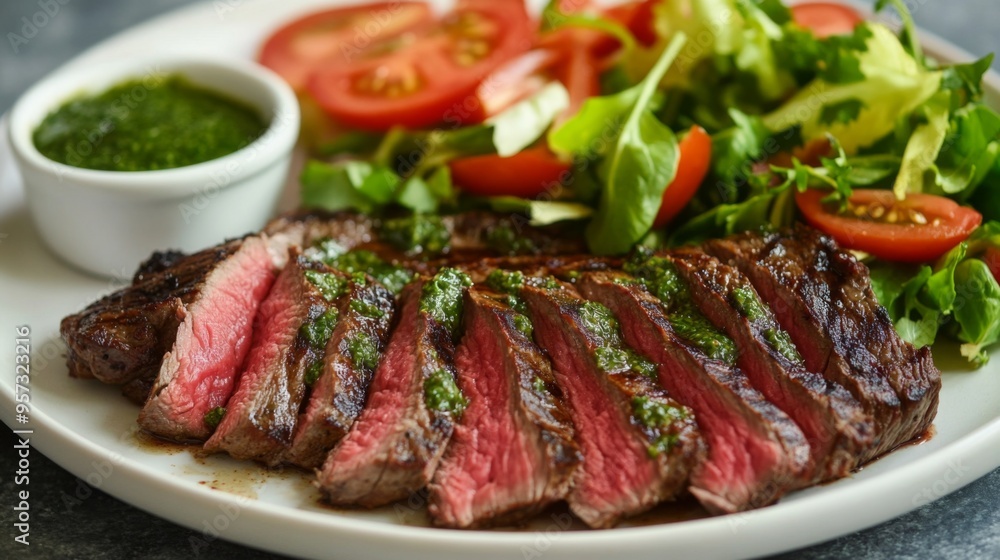A perfectly grilled skirt steak sliced and served with a side of chimichurri sauce and a fresh garden salad, presented on a white plate for a clean and appetizing look. A perfectly grilled skirt steak sliced and served with a side of chimichurri sauce and a fresh garden salad, presented on a white plate for a clean and appetizing look.