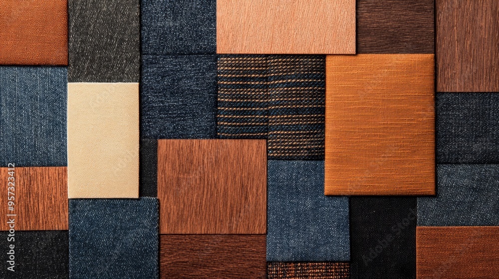 Fototapeta premium Assorted denim patches laid out in a random pattern, displaying the rich variety in fabric textures, stitching, and wear