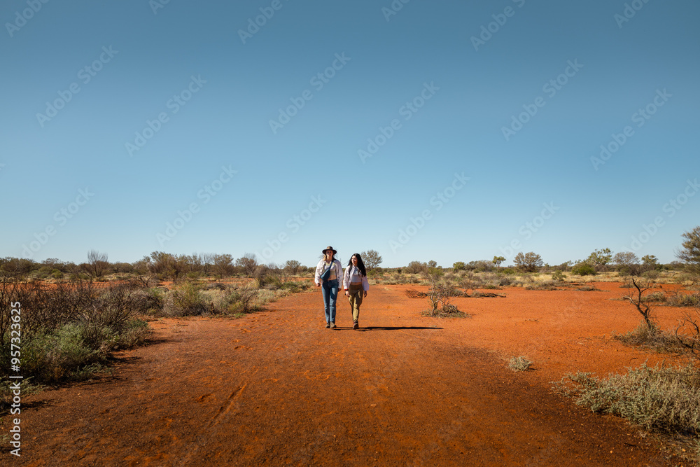 Travelers walking in the Australian desert Travelers walking in the Australian desert