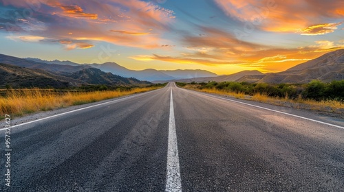 Asphalt road and mountain with sky clouds background at sunset 