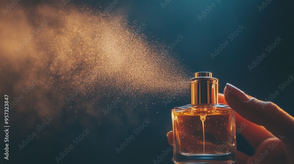 A person applying perfume from a bottle, with the focus on the elegant spray mechanism and the subtle fragrance cloud, set against a sophisticated, neutral background. A person applying perfume from a bottle, with the focus on the elegant spray mechanism and the subtle fragrance cloud, set against a sophisticated, neutral background.