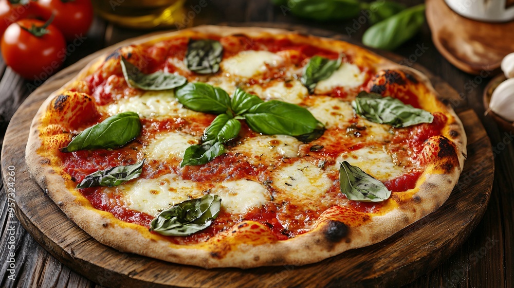 A rustic pizza peel with a freshly baked pizza margherita, topped with basil leaves and melted mozzarella A rustic pizza peel with a freshly baked pizza margherita, topped with basil leaves and melted mozzarella