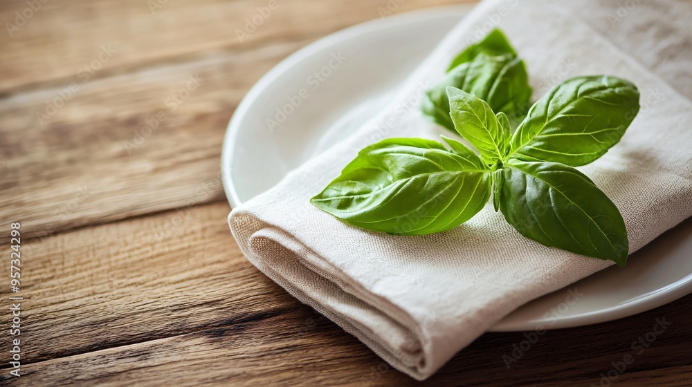 A simple, elegant place setting with a sprig of basil resting on a linen napkin, on a wooden table A simple, elegant place setting with a sprig of basil resting on a linen napkin, on a wooden table