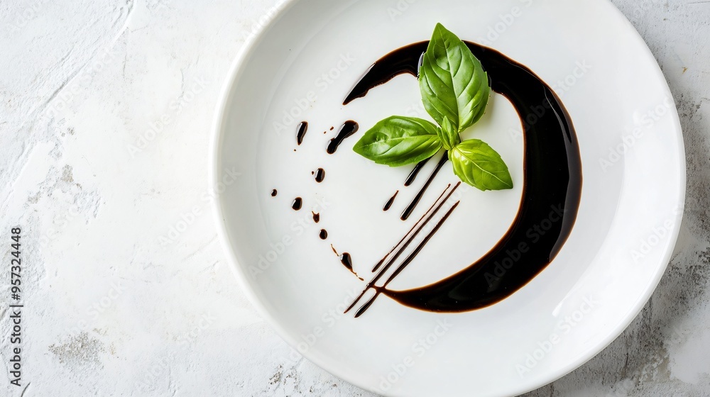 A simple white plate with a single basil leaf and a drizzle of balsamic reduction, minimalist and elegant A simple white plate with a single basil leaf and a drizzle of balsamic reduction, minimalist and elegant
