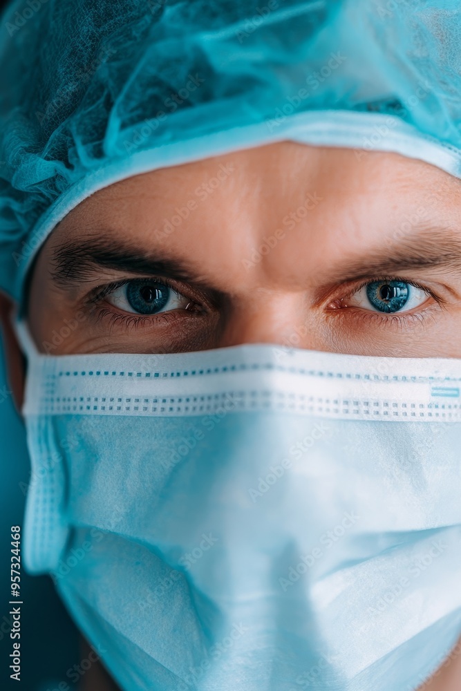 Portrait of a surgical team in masks and caps, the lead surgeons eyes reflecting calm determination, ready for a challenging procedure Portrait of a surgical team in masks and caps, the lead surgeons eyes reflecting calm determination, ready for a challenging procedure