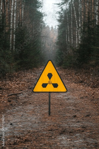 Radiation warning sign in the middle of a deserted forest road, the bleak and muted colors emphasizing the hazardous environment