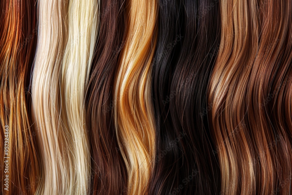 Extension. Hair Swatches of Natural Hair Colors. Beautiful Arrangement of Hair Samples Extension. Hair Swatches of Natural Hair Colors. Beautiful Arrangement of Hair Samples