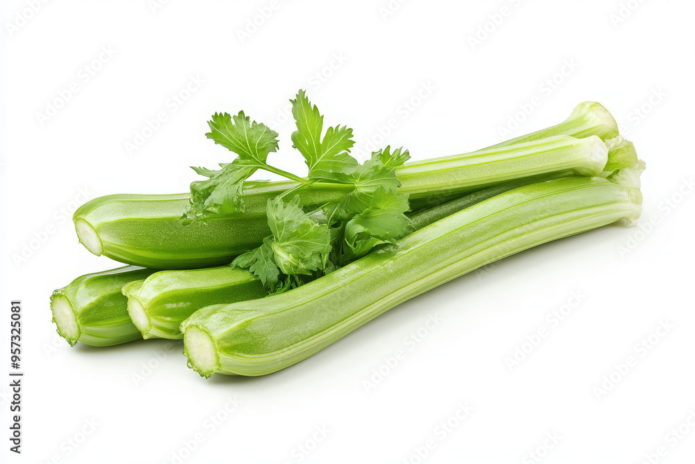 A bunch of fresh green celery stalks with leaves, isolated on a white background. A bunch of fresh green celery stalks with leaves, isolated on a white background.
