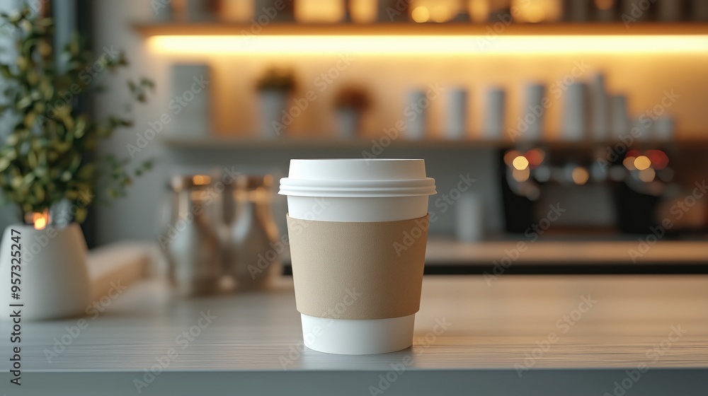 Mock-Up of Empty White 3D Paper Coffee Cup on Minimalist Café Shelf Mock-Up of Empty White 3D Paper Coffee Cup on Minimalist Café Shelf