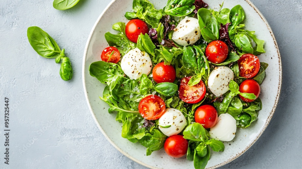 A vibrant salad of mixed greens, cherry tomatoes, and mozzarella, topped with fresh basil leaves on a white plate A vibrant salad of mixed greens, cherry tomatoes, and mozzarella, topped with fresh basil leaves on a white plate