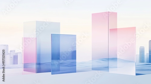 Translucent Glass Geometric Shapes in Light Blue and Pink with Huge Waves