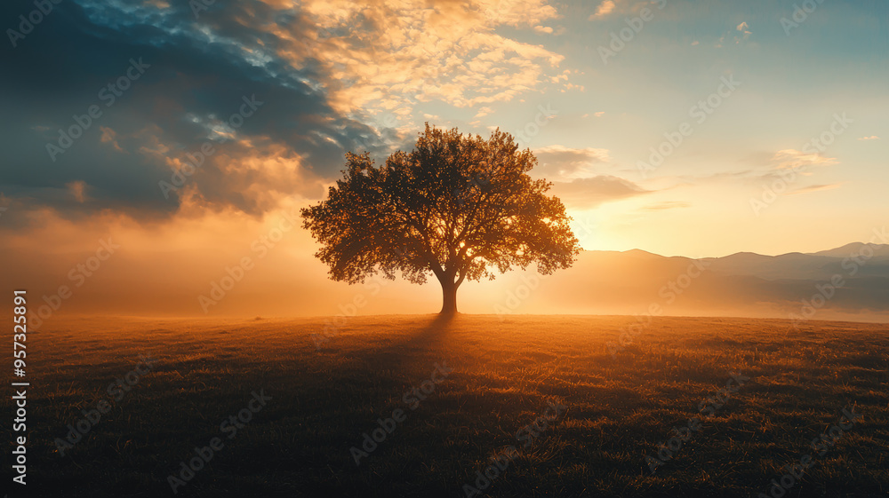 Solitary Oak Tree at Sunrise in a Serene Landscape with Dramatic Sky and Warm Golden Light Over Rolling Hills Solitary Oak Tree at Sunrise in a Serene Landscape with Dramatic Sky and Warm Golden Light Over Rolling Hills