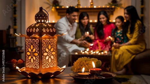 Family Celebrating Diwali with Lanterns and Sweets photo