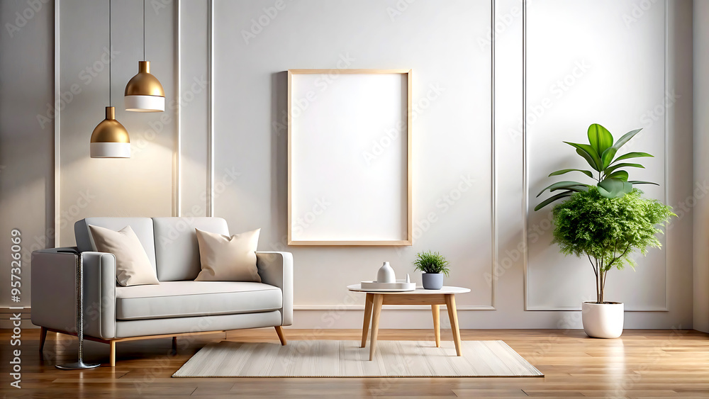 Fototapeta premium Blank wall mockup in simple minimal interior, 3d render, white Mock up