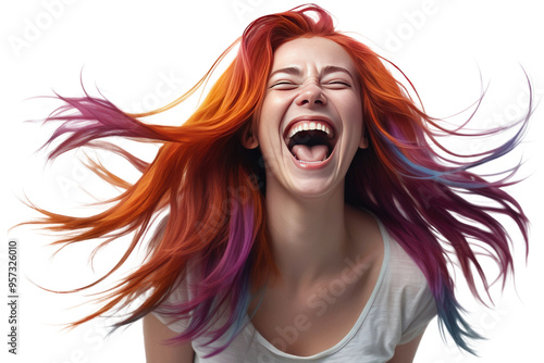 Young woman with vibrant multicolored hair captured mid-laughter, expressing pure joy, isolation against a stark white background, focus on radiant expressions, detailed hair texture, candid moment
