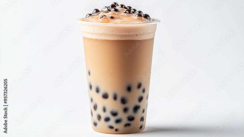 A refreshing bubble milk tea with a frothy top, placed on a white background with tapioca pearls floating clearly at the bottom, emphasizing the drink creamy and delicious appeal. A refreshing bubble milk tea with a frothy top, placed on a white background with tapioca pearls floating clearly at the bottom, emphasizing the drink creamy and delicious appeal.