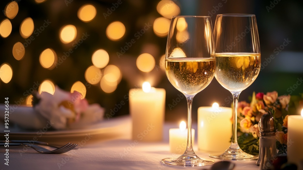 A romantic dinner setting with two glasses of white wine on a table adorned with candles, flowers, and fine dining utensils, creating an intimate and sophisticated ambiance. A romantic dinner setting with two glasses of white wine on a table adorned with candles, flowers, and fine dining utensils, creating an intimate and sophisticated ambiance.