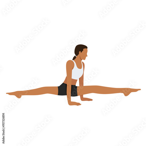 Young woman doing Straddle Lift Pose or Hasta Upavistha Konasana yoga exercise. Flat vector illustration isolated on white background